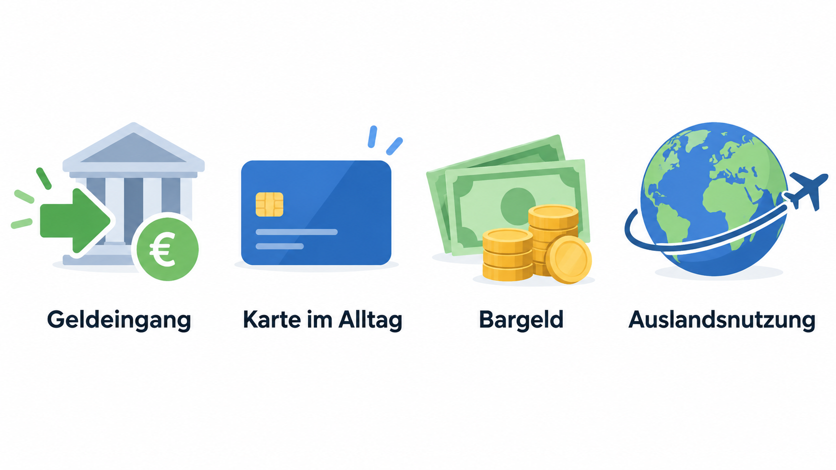 One row of four labeled icons showing the section’s stated account-selection points: „regelmäßiger Geldeingang“, „Karte im Alltag“, „Bargeld“ and „Auslandsnutzung“.