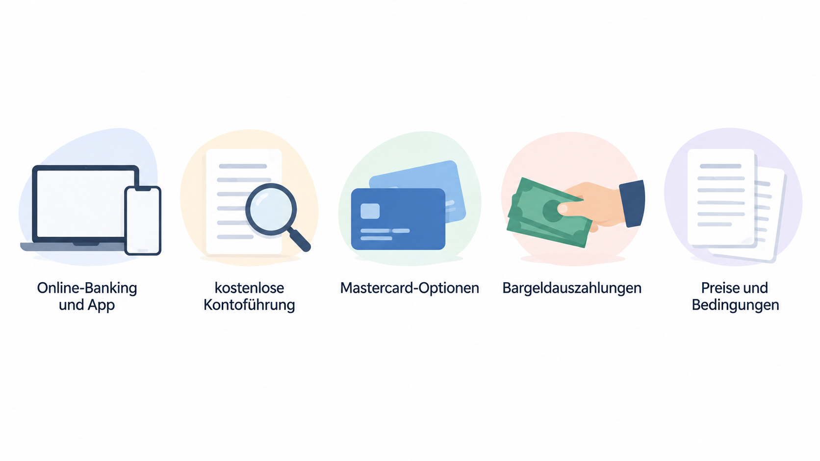 Summarize the four account aspects named in the section in one horizontal row of icons with short labels: conditions for free account management, Mastercard options, cash