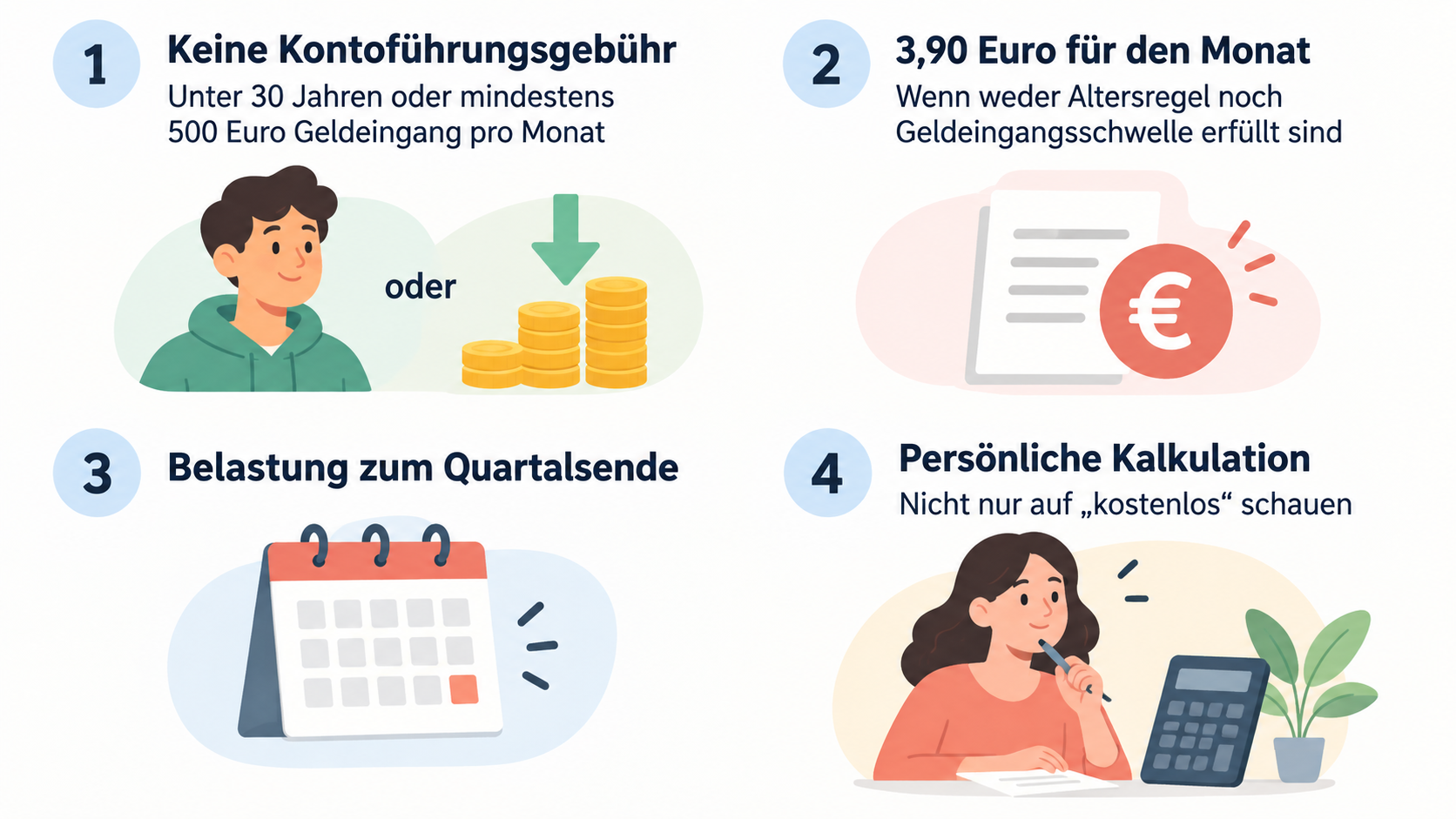 Show one two-marker timeline for the monthly age or deposit condition and the stated quarter-end booking point for any monthly account fee.
