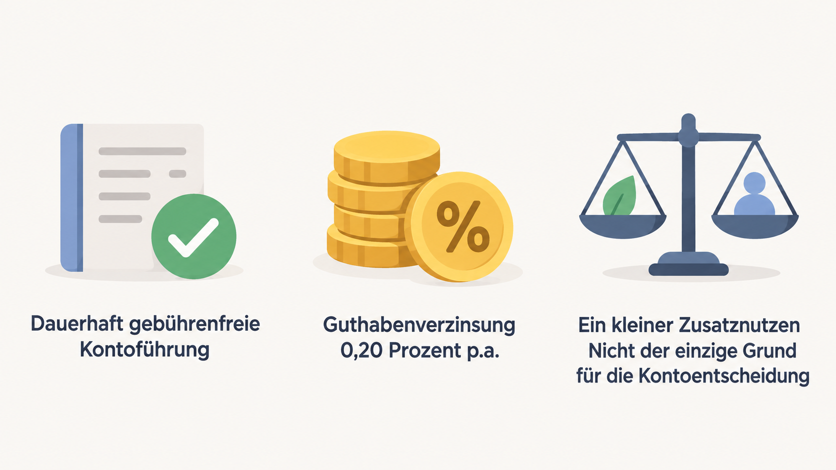 Summarize three points stated in the section in one horizontal row of icons, labeled “keine monatliche Kontoführungsgebühr”, “Guthabenverzinsung 0,20 Prozent p.a.”, and