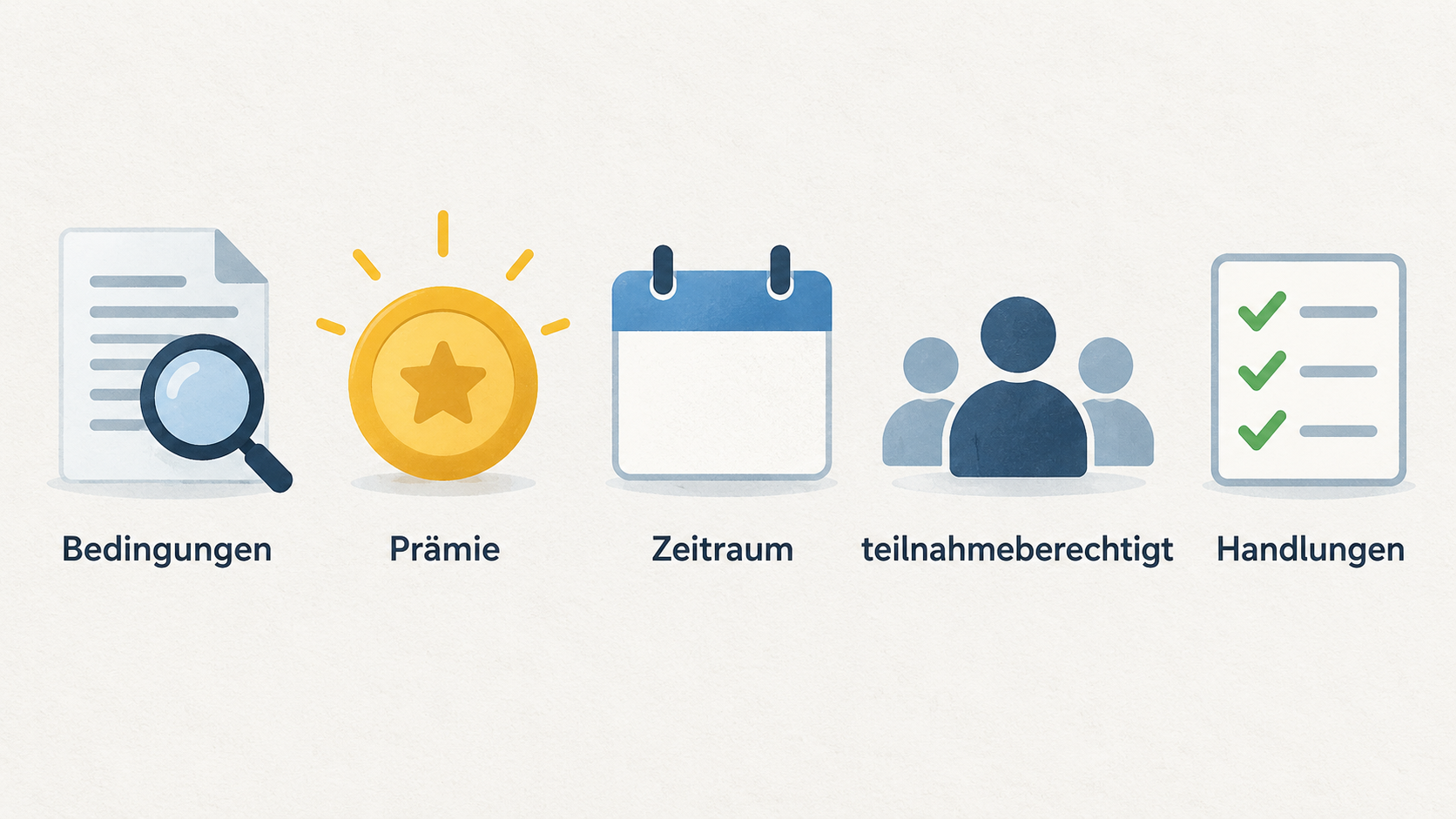 Eine nummerierte Checkliste mit höchstens fünf der im Abschnitt genannten Prüfpunkte zu Prämie, Teilnahme, erforderlichen Handlungen, Geldeingang und Fristen samt Nachweisen und