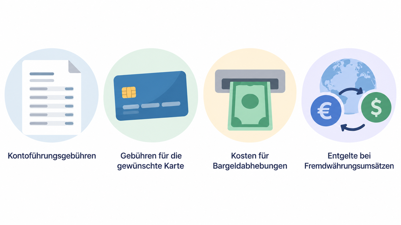 Show a numbered checklist of five steps: “Kontoführung und Befreiung”, “Karte: Preis und Zweck”, “Bargeld im Inland und Ausland”, “Fremdwährungsentgelte” and “Preis- und