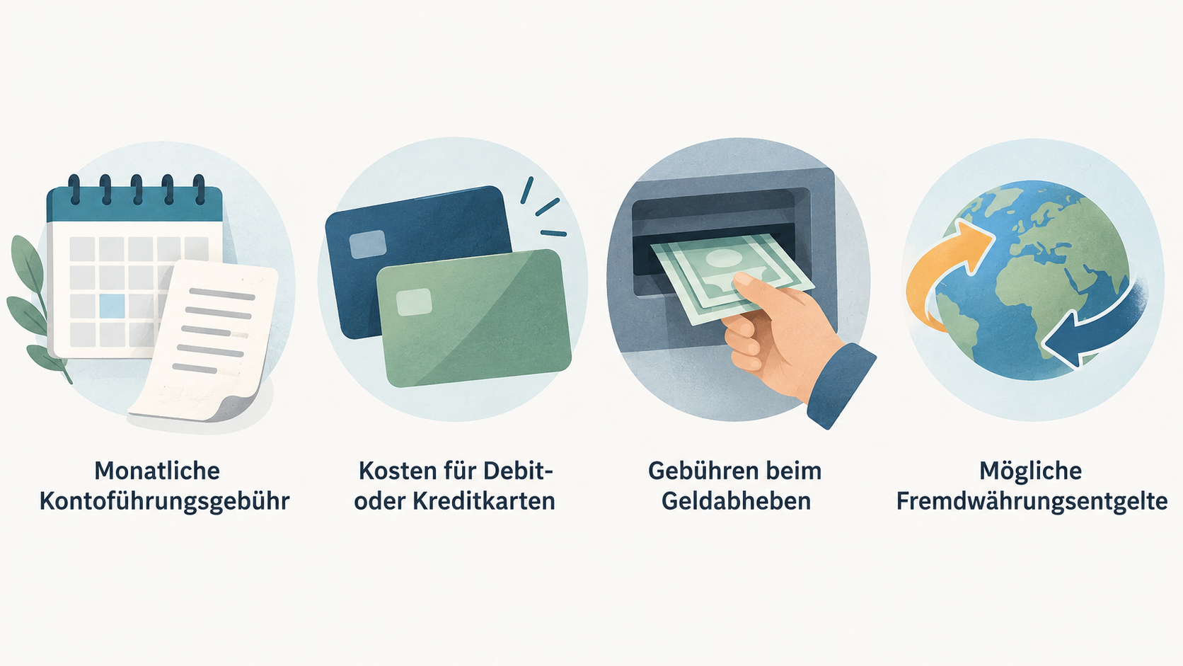 Eine einfache Reihe aus vier Symbolen zeigt die genannten Kostenblöcke: Kontoführung, Karte, Bargeld und Fremdwährung.