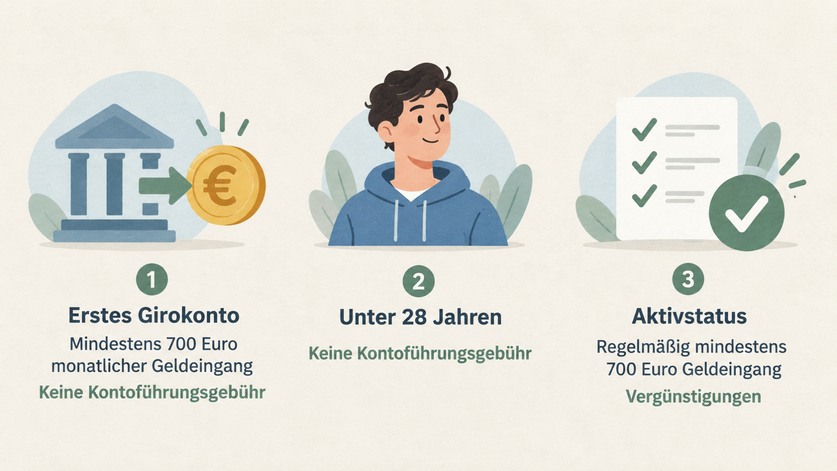 Eine nummerierte Checkliste mit den vier im Abschnitt genannten Punkten zu Kontoführungsgebühr, Aktivstatus und Kartenkosten.