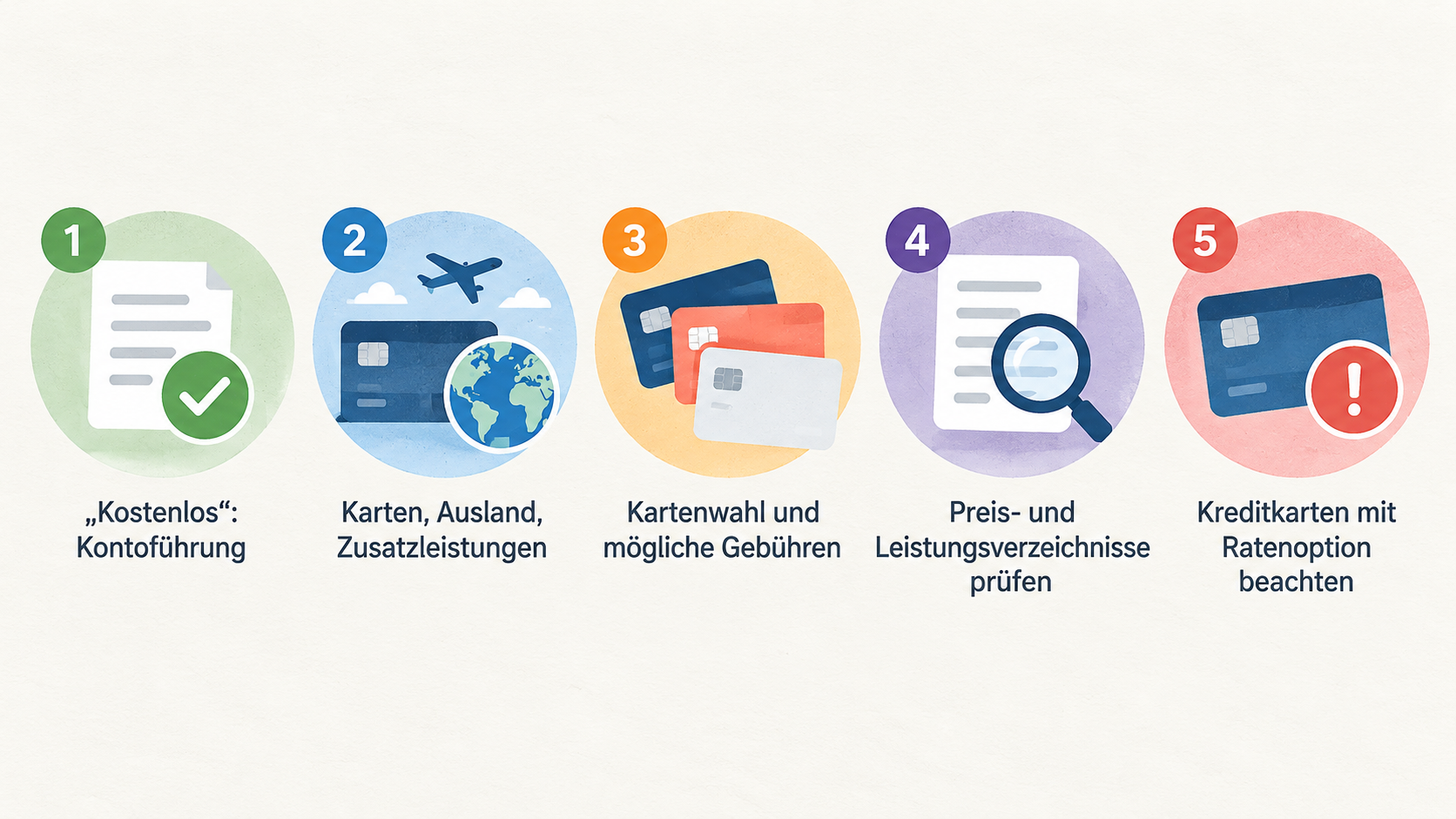 Show one numbered checklist of the four questions stated for a credit card with an installment option: “Wann wird abgerechnet?”, “Wie wird die Rate zurückgezahlt?”, “Welche Kosten