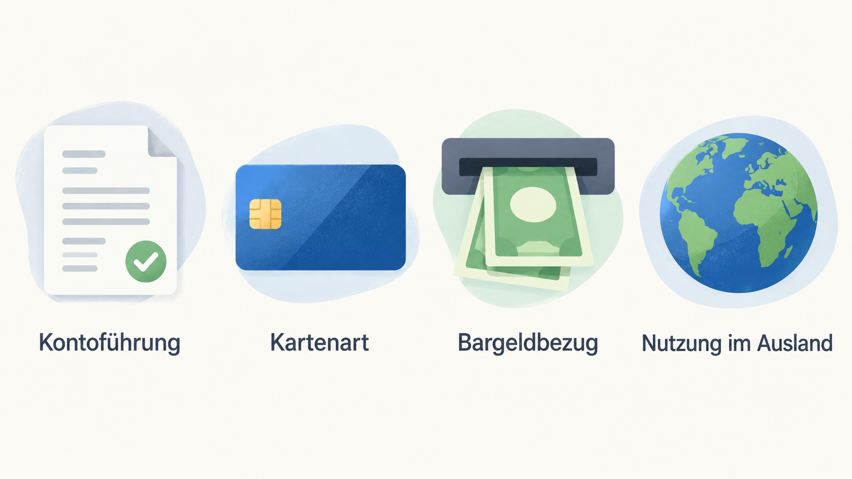 Frame the comparison around the stated criteria: account-fee conditions, card type, cash access and use abroad.