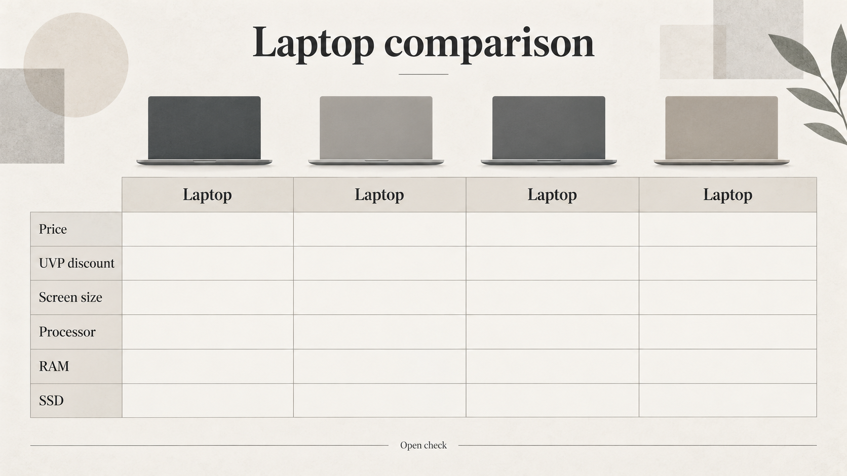 Give readers a side-by-side snapshot of the four 'Angebote der Woche' laptops (price, discount vs. UVP, screen, CPU, RAM, storage) so they can compare at a glance